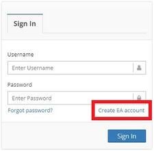 Sign in box with a red box indicating the location of the Create EA account link