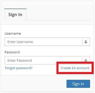 Image of the sign in box with a red box indicating the location of the Create EA account link