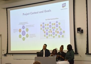 Students making a presentation at the dean's research event